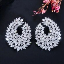 SEQUITO 2 Piezas Diseñadora Plateado Con Incrustaciones A Mano De Piedras De Circonita Cúbica Aaa Blancas Para Mujeres Joyería De Boda En Forma De Pendientes Grandes Simétricos Para Concurso De Belleza