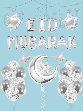 23pcs/Set Aluminum Foil Moon & Star Balloon Kit With Silver Letter, Confetti Balloon, Four-Pointed Star, Suitable For Home Al-Fitr & Festival Decoration, Ramadan,Ramadan Decor,Eid Mubarak