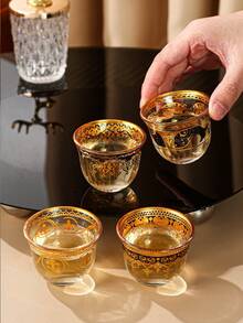 1pc Creative Flower & Gold Rim Design Glass Tea Cup (50ml) For Home Use - Multicolor - View 2