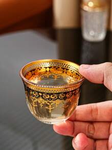 1pc Creative Flower & Gold Rim Design Glass Tea Cup (50ml) For Home Use - Multicolor - View 1