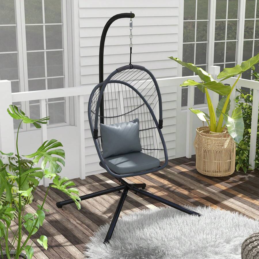 Outsunny Outdoor PE Rattan Swing Chair With Cushion, Foldable Basket Patio Hanging Chair With Metal Stand, 360° Rotation Spring Hook, Basket Height Adjust With Metal Chain, Grey - Grey - View 1