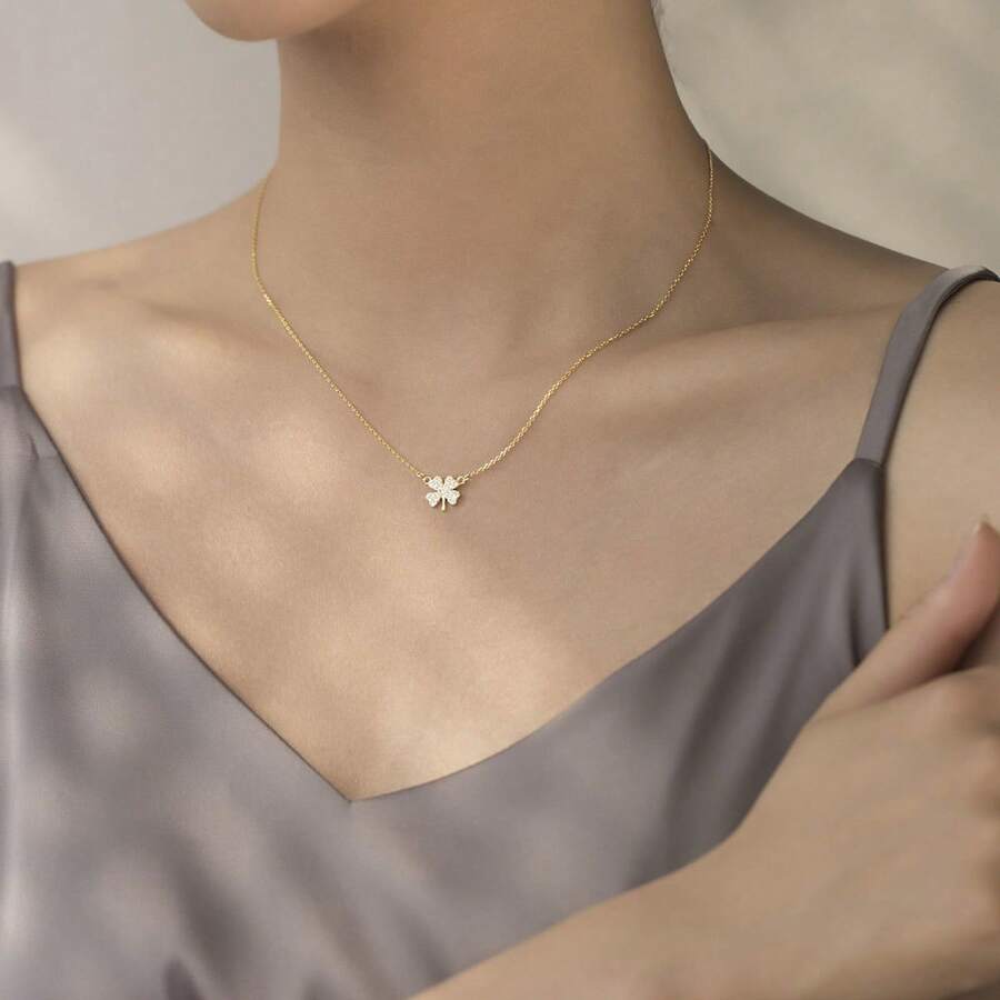 1pc Silver-Color Lucky Clover & Rhinestone Inlaid Simple Elegant Necklace, Retro Clavicle Chain Suitable For Girls Valentines,Mom,Mother,Mother's Day,Gift - Gold - View 1
