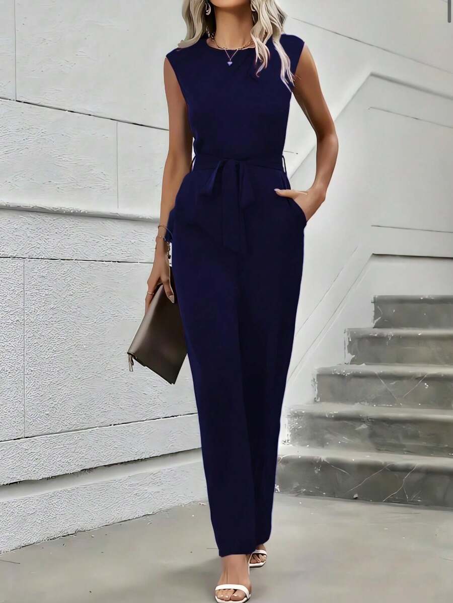 Mono sencillo de pierna ancha con cinturón ajustable cuello redondo sin mangas casual para mujer - Azul Marino - Ver 1
