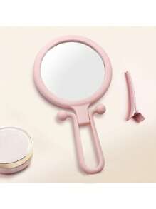 1pc 3-Inch Foldable Dual-Sided Round Mirror With 2x Magnification, Portable Handheld Makeup Mirror With Pouch Y-8 - Pink - View 1