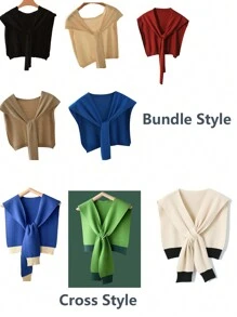 1 件女用糖果色針織披肩休閒彈性防風保暖圍巾時尚斗篷開襟衫 - 彩色 - 查看 11