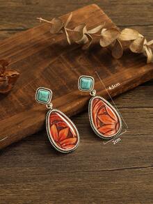 1pair Fashionable Creative Bohemian Style Vintage Maple Leaf & Turquoise Dangle Earrings Suitable For Women's Daily Wear - Multicolor - View 1