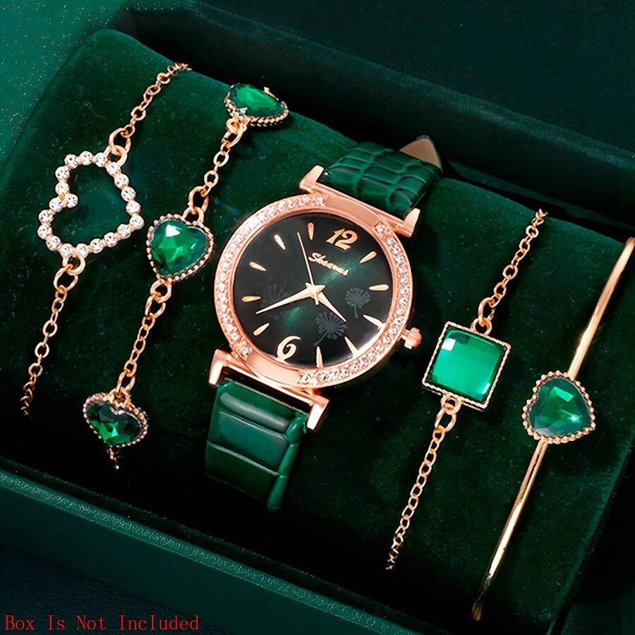 5 cái/bộ Của phụ nữ Đúng mốt Đơn giản Tròn Retro Màu xanh lá Bộ Đồng hồ - màu xanh lá - Xem 1