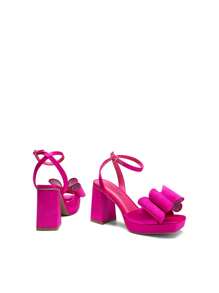 Women Chunky Platform Heeled Sandals, Fashion Bow Knot Ankle Strap Heeled Sandals, Open Square Toe Sandals For Spring Summer Party Wedding Prom - 亮粉紅色 - 查看 8