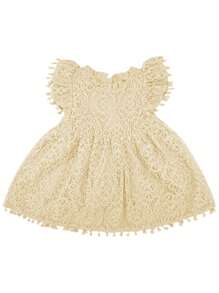 Baby Newborn Girl Flutter Sleeve Elegant Lace Pom Pom Dress