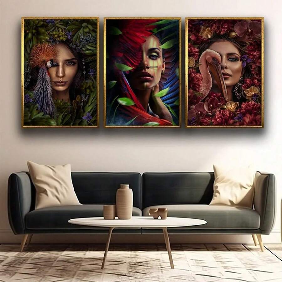 3pcs/Set Colorful Woman Face Printed Canvas Wall Art For Home Decor, Suitable For Bedroom, Bathroom, Office, Kitchen, No Frames