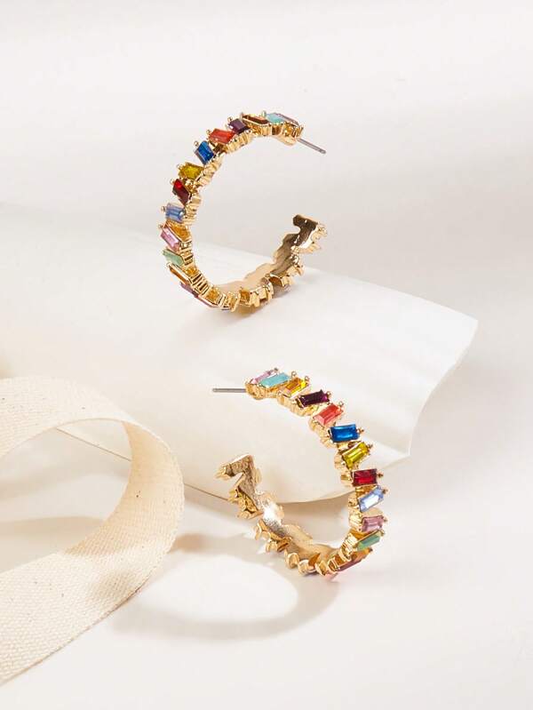 1pair Colorful Rhinestone Rainbow C Design Hoop Earrings For Party, Daily And Holidays