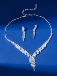 3pcs Diamante Necklace & Earrings Set - Silver - View 2