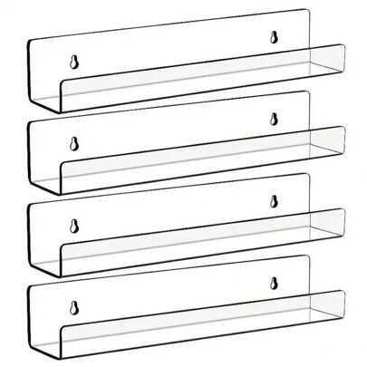 4 件套透明亚克力壁挂架，亚克力悬浮架，亚克力书架，客厅、浴室、墙面装饰壁挂架