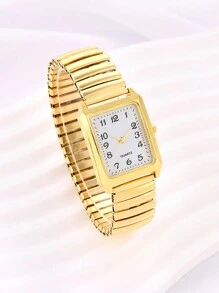 1 Pieza Reloj De Cuarzo Para Ancianos Con Esfera Cuadrada, Números Arábigos Y Correa Elástica. Adecuado Para Uso Diario/como Regalo Para Festivales - Blanco - Ver 10