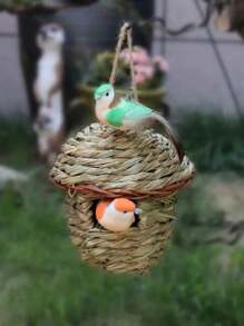 1只創意手工編織草鳥窩,適用於園藝或戶外裝飾,適宜鳥類或寵物使用 - 綠色 - 查看 9