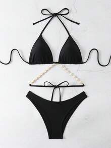 Luxury Shell Decor Chain, Solid Color Nylon Fabric Triangle Bikini Set - Black - View 3
