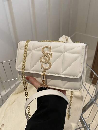 Elegante Bolso Pequeño Cuadrado Con Diseño De Diamantes Y Cuadros En Tono Sólido, Moderno Bolso De Hombro Cruzado Con Cadena En Pu, Monedero Con Asa Y Borla Decorativa Para Mujer, Adecuado Para Ir De Compras