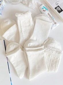 6雙/組女性柔軟透氣的可愛洛麗塔風格中筒白色襪子,適合春秋日常穿著 - 白色 - 查看 2