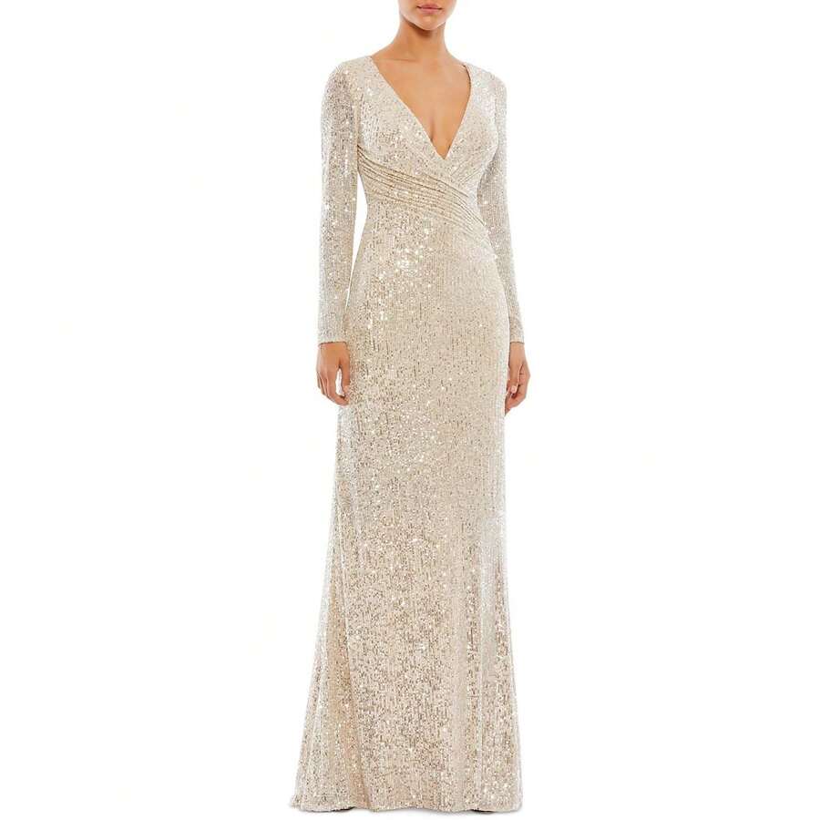 Ieena for Mac Duggal Womens Sequined Long Evening Dress - bạc khỏa thân - Xem 1