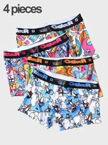 男士4入組卡通印花時尚透氣短褲 - 彩色 - 查看 1