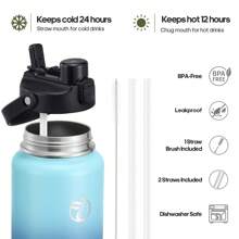 Insulated Water Bottle With 2-In-1 Lid (Chug Lid/Straw Lid),40oz/64oz Double Walled Vacuum Stainless Steel Water Bottles, Water Jug With Straw, Wide Mouth Insulated - 淺藍色 - 查看 4