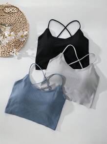 3pcs Seamless Wireless Cross Back Bra, Solid Color, Lingerie - Multicolor - View 1