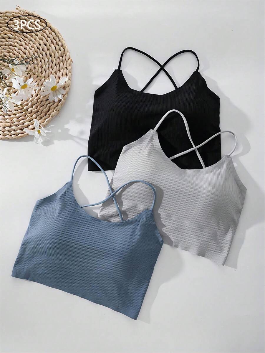3pcs Seamless Wireless Cross Back Bra, Solid Color, Lingerie - Multicolor - View 1