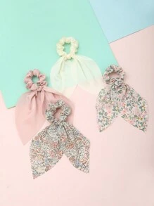4pcs Women's Simple Solid Color & Floral Hair Scrunchies, Rabbit Ear Hair Ties, Suitable For Daily Wear In Spring And Summer Ponytail Holders Scrunchy,Holiday,Travel - Multicolor - View 2