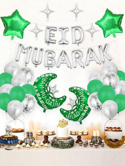 29pcs Green Crescent Moon & Star Aluminum Foil Balloons Set With Mubarak Balloons Banner & Multicolor Confetti Balloons, For Al-Fitr Party Decoration & Home Decor