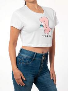 TE AMOMO Blusa Crop Top De Dama Juvenil Estampado De Dinosaurio - Blanco y Negro - Ver 3