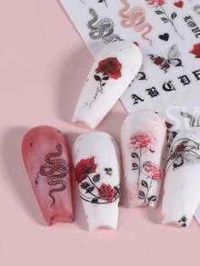 2pcs Nail Stickers With Butterfly Rose Flower Snake Red Lips Design DIY Suitable For Ladies Nail Art Decals Nail Art Decorations - Hot Pink - View 5
