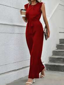 Mono sencillo de pierna ancha con cinturón ajustable cuello redondo sin mangas casual para mujer - Rojo - Ver 2