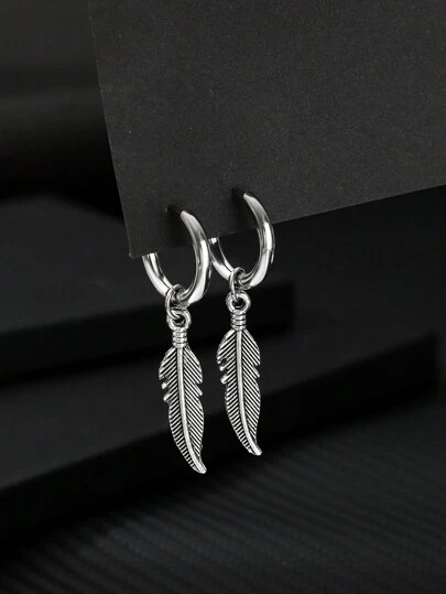 1pair Men's Stainless Steel Feather Pendant Simple Earrings