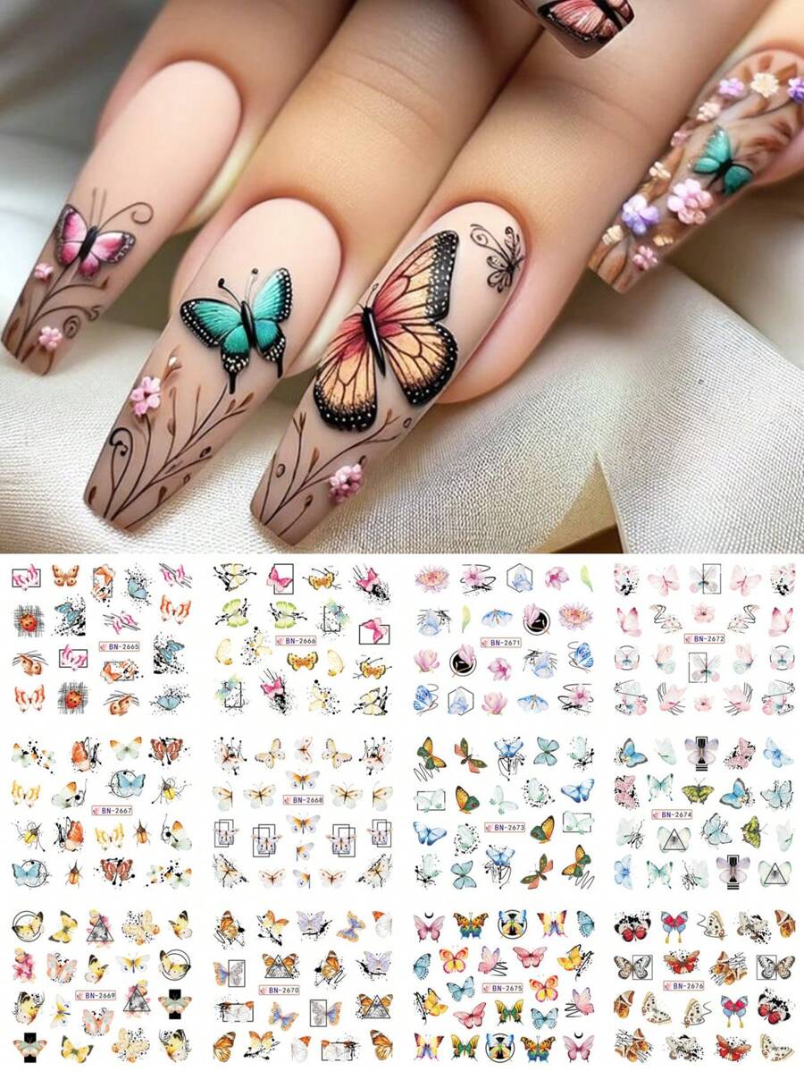 12款設計蝴蝶貼紙，可用於指甲塗鴉線條、水轉印貼花、春季美甲箔裝飾DIY - 彩色 - 查看 1