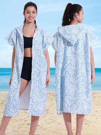 1pc Paisley Hooded Zip-Up Towel Robe, Ultra-Soft Microfiber Absorbent Quick-Dry Hooded Cloak Towel, Warm Bath Towel, Beach Towel For Adults Men & Women Couples, Windproof, SPF, Home & Outdoor Use Summer Wedding Home Bathroom Decor Beach Wear Back To School