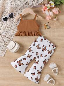 女婴纯色吊带背心上衣 + 蝴蝶印花喇叭裤套装