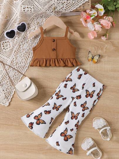 女婴纯色吊带背心上衣 + 蝴蝶印花喇叭裤套装