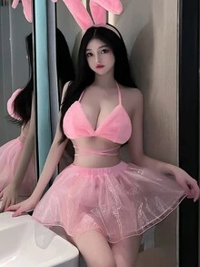 Ropa interior sexy de conejita rosa de pechos grandes, con orejas de conejo y falda de encaje seductora,Lencería Sexy para Mujeres, baby doll encaje,Conjuntos de Disfraces de Mujer Atractivo - Rosa - Ver 5