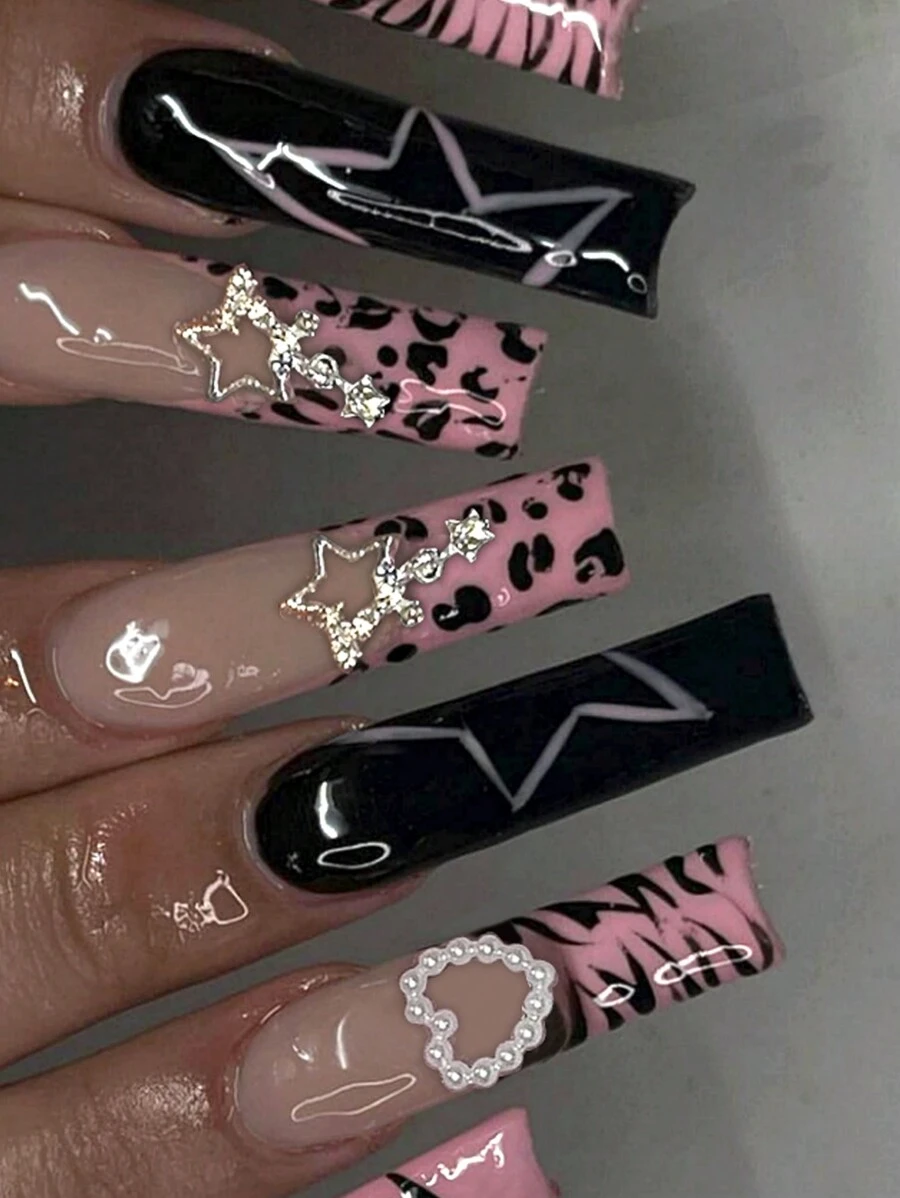 Y2K Charm Nail Art Set, 24pcs Long Press-On Nail Stickers, Elegant Heart & Star Shaped Colorblock French Style Full Cover Fake Nails, Suitable For Women And Girls. Set Includes 1pc Adhesive Sticker And 1pc Mini Nail File, Random Jelly Gel Color. Nail Supplies - Black - View 1