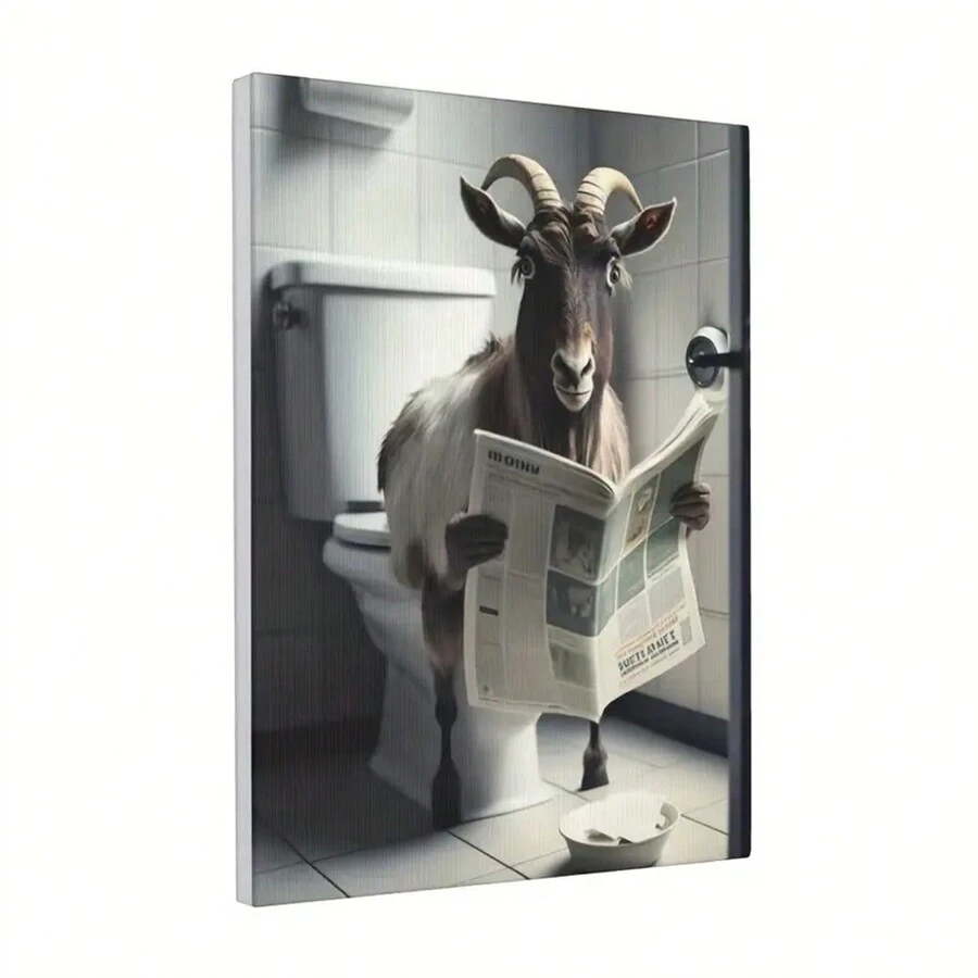 1張有趣的山羊廁所畫布牆藝術,可愛的山羊廁所海報,黑白動物印花畫,極簡主義,中世紀現代美學裝飾,藝術畫布牆藝術海報,無框 - 彩色 - 查看 1