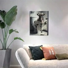 1張有趣的山羊廁所畫布牆藝術,可愛的山羊廁所海報,黑白動物印花畫,極簡主義,中世紀現代美學裝飾,藝術畫布牆藝術海報,無框 - 彩色 - 查看 4