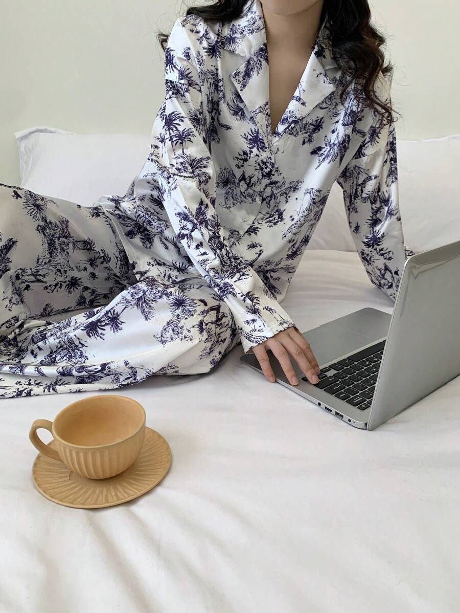 Nina Bonheur 2 件套女士府绸花卉印花翻领纽扣长袖衬衫睡衣 + 松紧腰裤睡衣套装 - 藍白色 - 查看 1