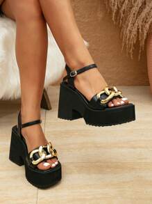新款春夏設計楔形鞋跟和厚底平台女士舒適時尚涼鞋 - 黑色 - 查看 2