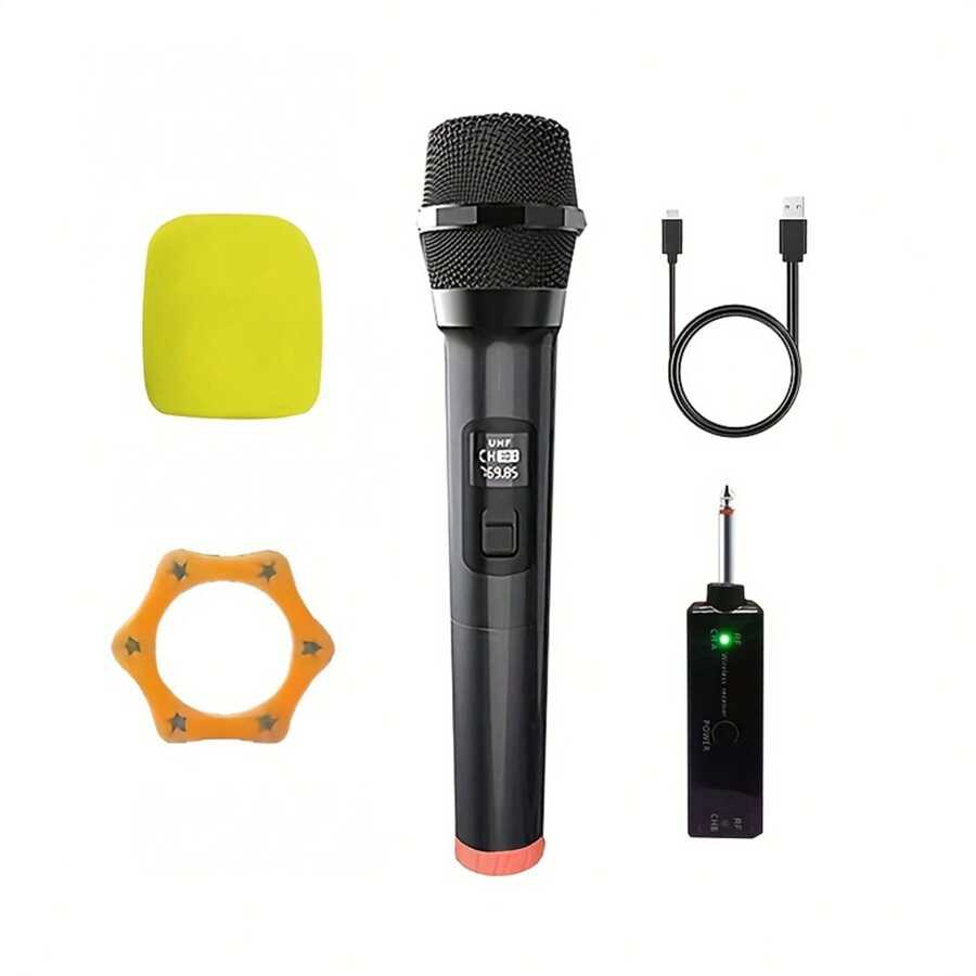 1入組無綫動態手持麥克風和 1 套通用無綫麥克風，帶一對一接收器，適用於舞台、家庭和 Ktv 專業麥克風 - 黑色 - 查看 1