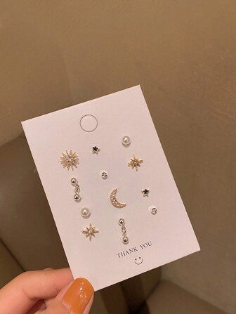 Moon & Star Asymmetrical Stud Earrings Set