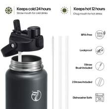Insulated Water Bottle With 2-In-1 Lid (Chug Lid/Straw Lid),40oz/64oz Double Walled Vacuum Stainless Steel Water Bottles, Water Jug With Straw, Wide Mouth Insulated - 灰色 - 查看 4