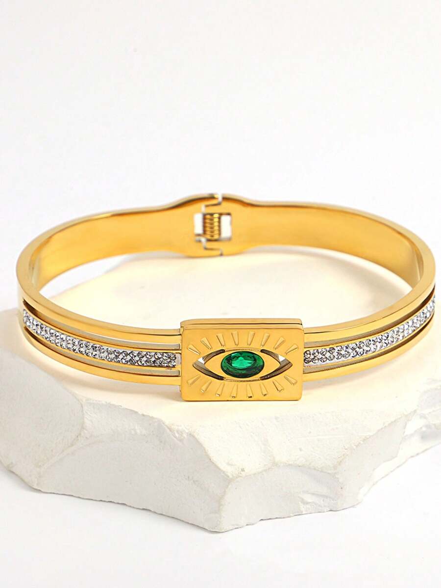 1 Pc Green Evil Eyes Bracelet Stainless Steel Gold Bracelet Rhinestone