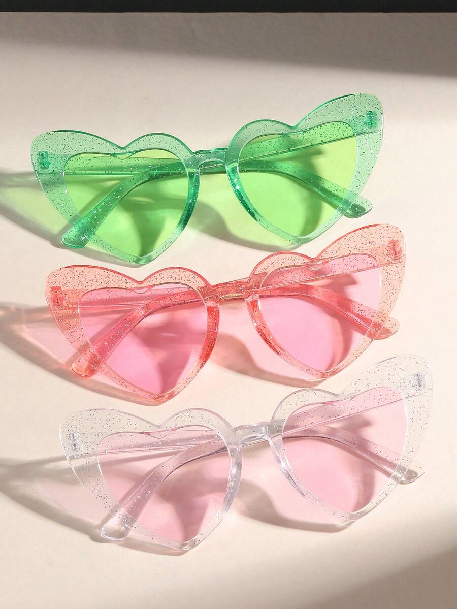 3pcs Heart & Rhinestone Decor Pink Sunglasses - Multicolor - View 1