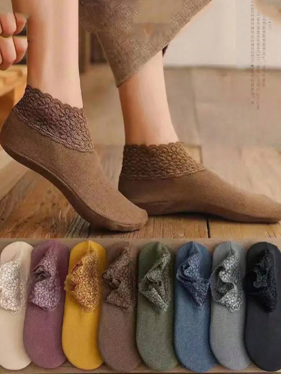 8對女士厚保暖蕾絲邊短管鬆緊襪,適用於產後和睡眠 - 彩色 - 查看 1