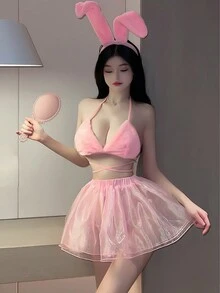 Ropa interior sexy de conejita rosa de pechos grandes, con orejas de conejo y falda de encaje seductora,Lencería Sexy para Mujeres, baby doll encaje,Conjuntos de Disfraces de Mujer Atractivo - Rosa - Ver 3